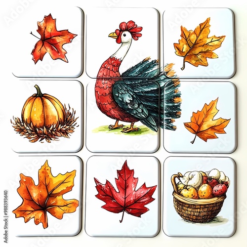 Festive Thanksgiving Bingo Cards with Turkeys, Cornucopias, and Autumn Leaves for Classroom Fun photo