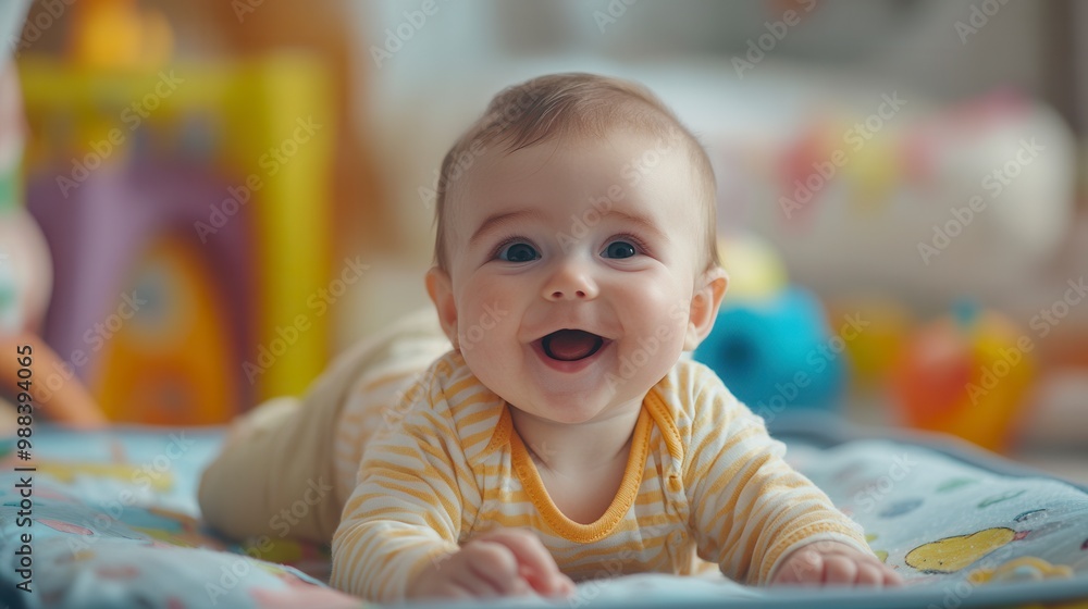 Adorable baby lying on a blanket and giggling in a playroom Adorable baby lying on a blanket and giggling in a playroom