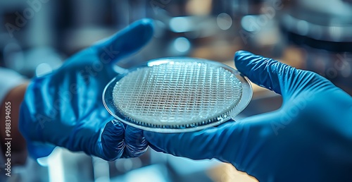 A laboratory technician holds a scientific sample in a petri dish. photo