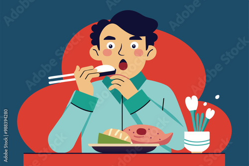 A person with surprised expression enjoys sushi at a cozy table, holding chopsticks with a colorful and inviting spread of sushi before them.