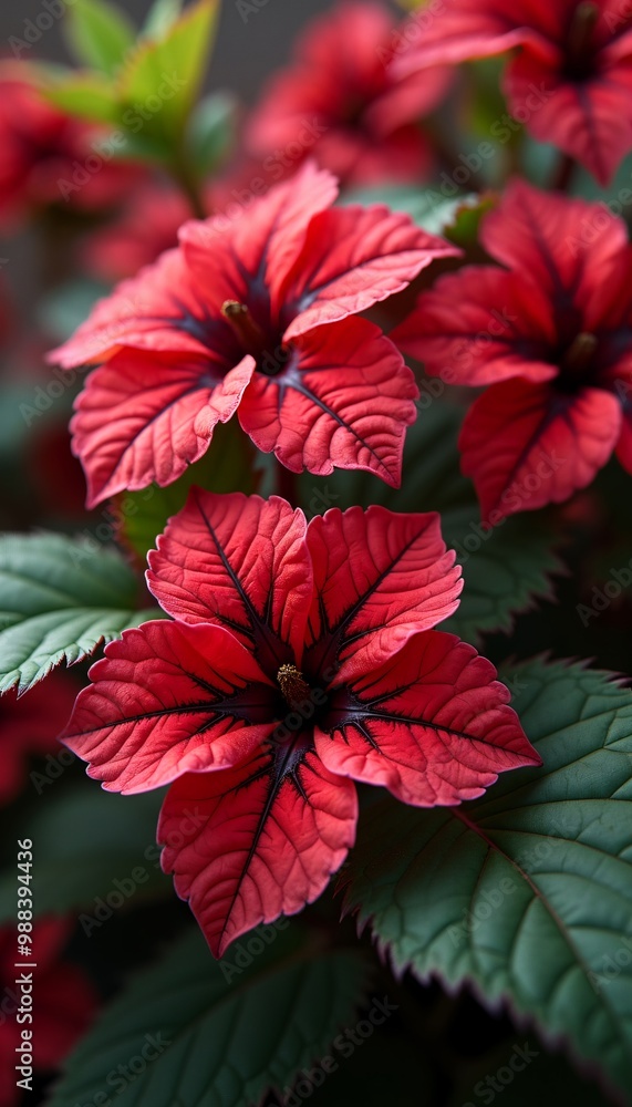 Vibrant Red Hibiscus Flowers Displaying Striking Petal Patterns and Lush Foliage Phone Wallpaper Vibrant Red Hibiscus Flowers Displaying Striking Petal Patterns and Lush Foliage Phone Wallpaper