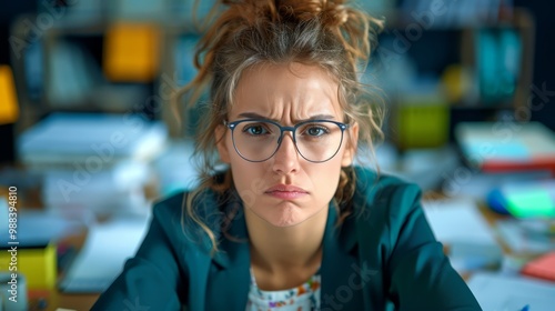 Stressed office worker with a frown, surrounded by a chaotic desk and urgent paperwork, capturing the intensity of deadline pressure and long hours