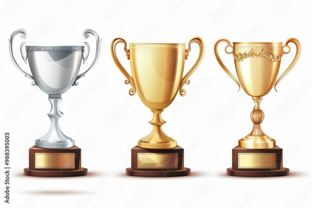 Trophy cups, golden goblet, silver reward, champion bowls. Contest winner award collection, prize cup Trophy cups, golden goblet, silver reward, champion bowls. Contest winner award collection, prize cup