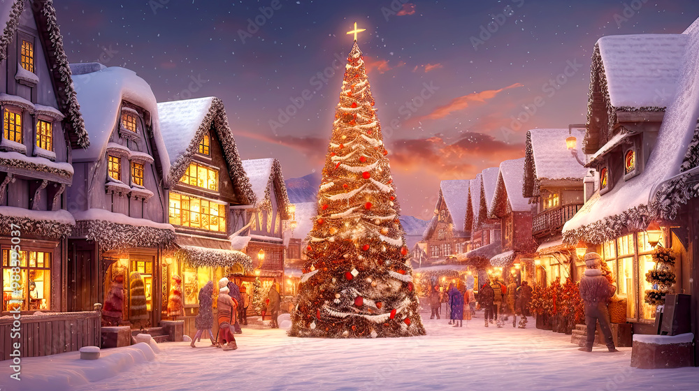 Naklejka premium Historic town street and snowy winter in Christmas atmosphere. Postproducted generative AI illustration.