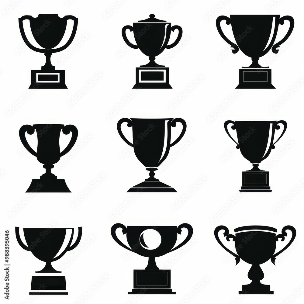 Trophy cups, golden goblet, silver reward, champion bowls. Contest winner award collection, prize cup Trophy cups, golden goblet, silver reward, champion bowls. Contest winner award collection, prize cup