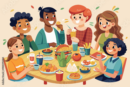 A group of six friends happily shares a variety of delicious foods and drinks at a round table during their casual get-together.