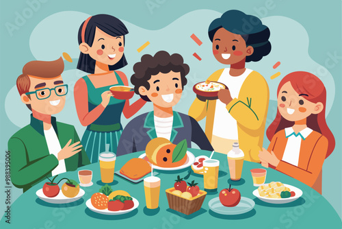 Five friends joyfully share a delicious meal, laughing and enjoying each other's company around a table filled with a variety of food and drinks.