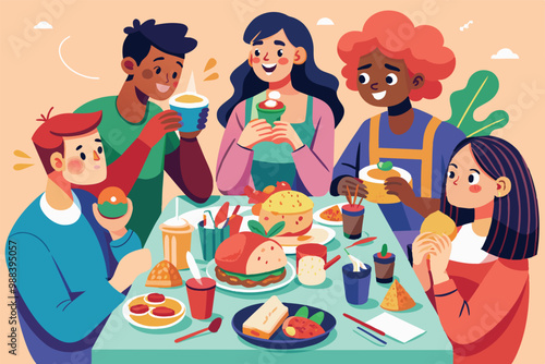 A group of friends shares laughter while savoring a variety of tasty foods at a colorful table adorned with drinks and desserts.
