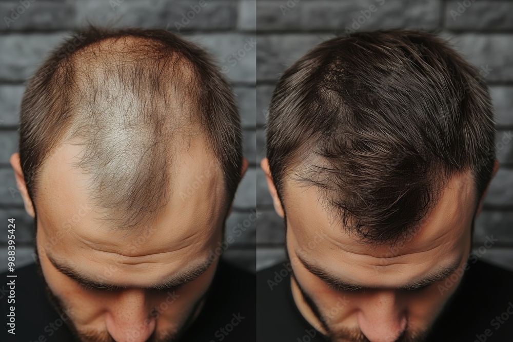 Man showing hair growth progress before and after treatment Man showing hair growth progress before and after treatment