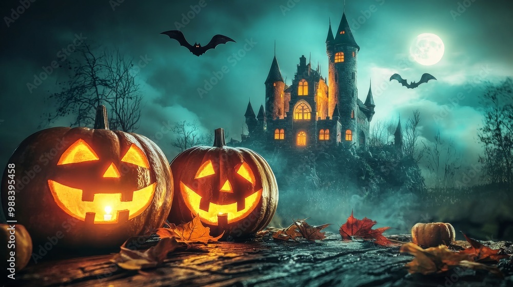 Spooky Halloween scene with jack-o'-lanterns and haunted castle Spooky Halloween scene with jack-o'-lanterns and haunted castle