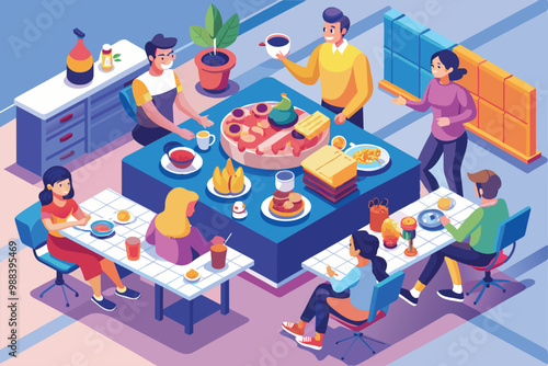 A vibrant gathering of friends sharing various dishes around a large table, laughing and enjoying each other's company in a welcoming dining area.