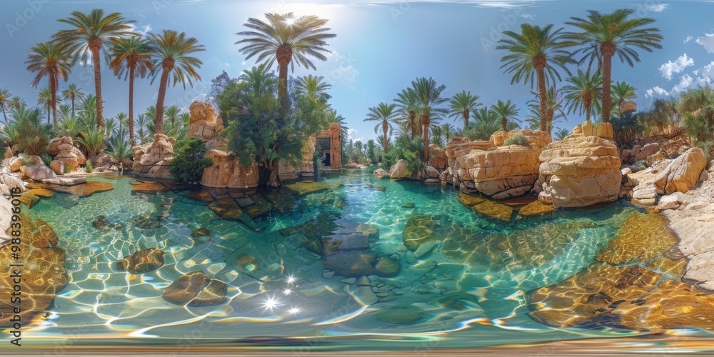An immersive 360-degree panorama of a remote desert oasis, with lush palm groves and cool, shaded pools providing An immersive 360-degree panorama of a remote desert oasis, with lush palm groves and cool, shaded pools providing