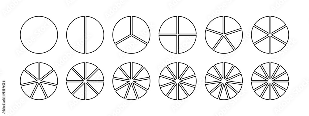 Circle division infographic icon set. Pie chart divided 8,9,10 equal parts. Pizza or donut round diagram. Infographic wheel segment. Outline fraction. Vector illustration isolated on white background.