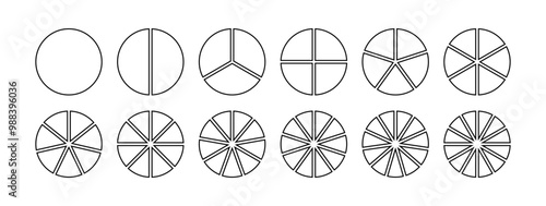 Circle division infographic icon set. Pie chart divided 8,9,10 equal parts. Pizza or donut round diagram. Infographic wheel segment. Outline fraction. Vector illustration isolated on white background.