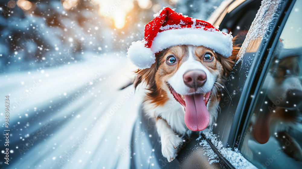 Surreal photo of a dog wearing a Santa hat, with a cute expression sticking out his tongue, poking out of the door of a car moving at high speed, snow covering the dog's nose and hat
Surreal photo of a dog wearing a Santa hat, with a cute expression sticking out his tongue, poking out of the door of a car moving at high speed, snow covering the dog's nose and hat