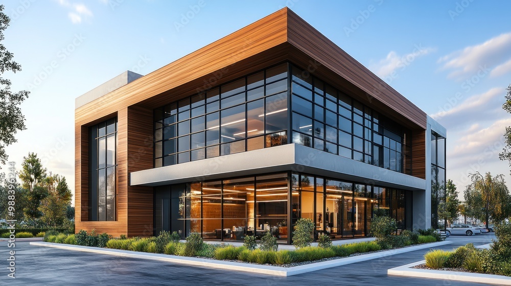 Modern office building with large windows and wooden accents. Modern office building with large windows and wooden accents.