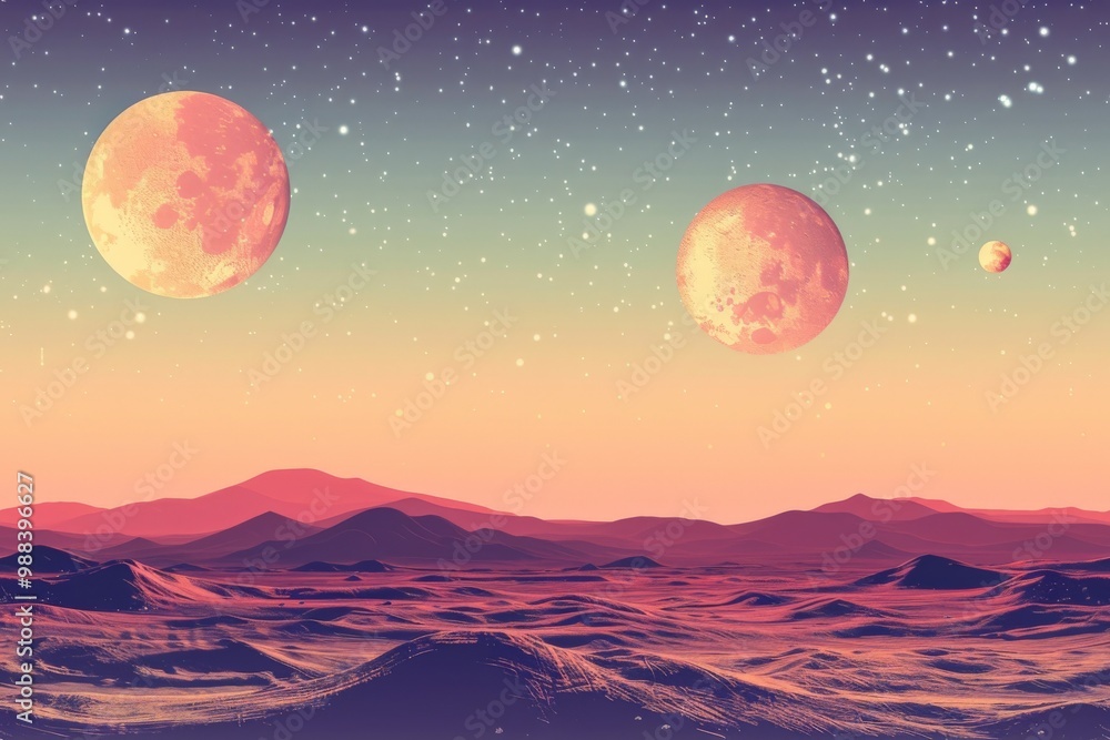 Unknown Planet Landscape, Unearthly Epic View, Unfamiliar Huge Planets of Different Sizes Unknown Planet Landscape, Unearthly Epic View, Unfamiliar Huge Planets of Different Sizes