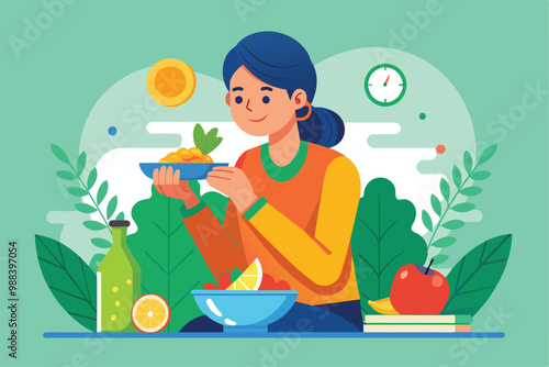 A young person happily holds a bowl of vibrant vegan food, surrounded by fresh fruits and vegetables in a lively kitchen setting.