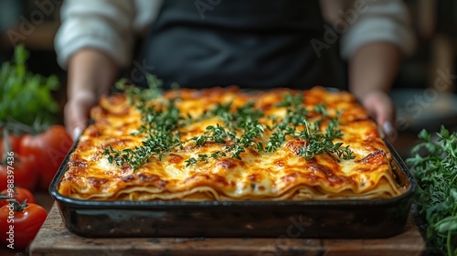 mature woman preparing homemade lasagn holding hot glass baking dish photo