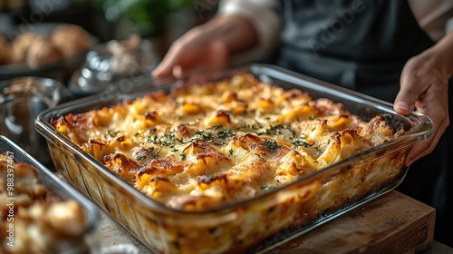 mature woman preparing homemade lasagn holding hot glass baking dish photo