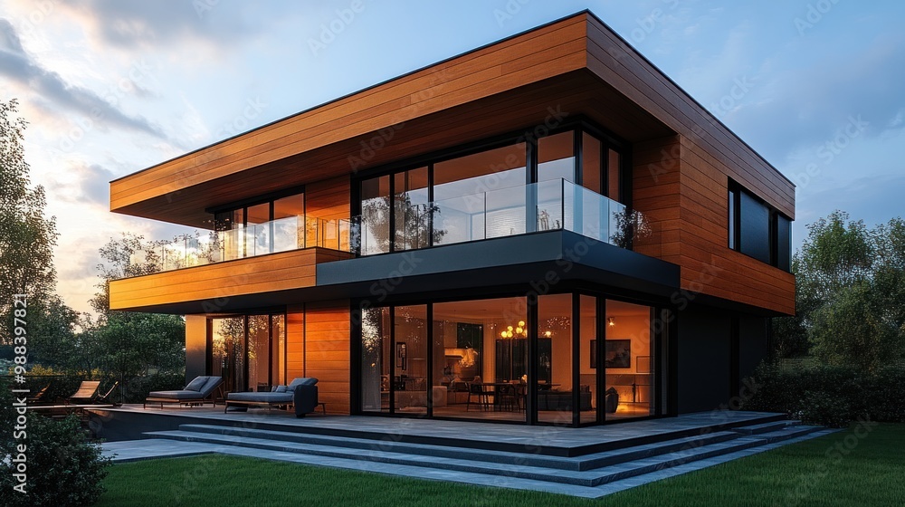 Modern wooden house with large glass windows and outdoor space. Modern wooden house with large glass windows and outdoor space.
