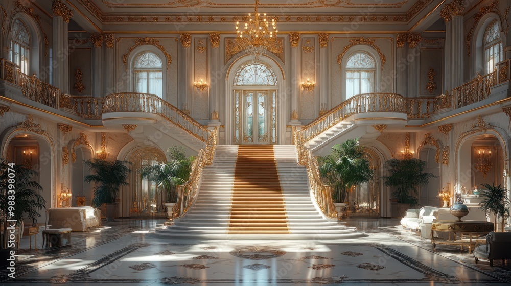 Grand staircase in an opulent foyer with elegant decor. Grand staircase in an opulent foyer with elegant decor.