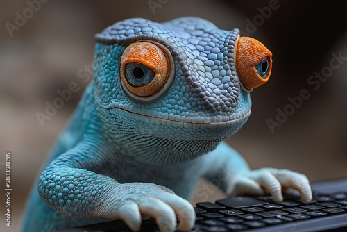 Red lizard is sitting on a keyboard. The lizard is looking at the camera. The keyboard is black and white photo