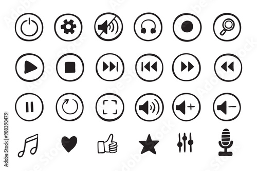 Doodle hand drawn music icons set. Sketch style buttons. Media player elements.