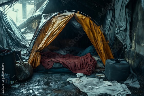 Housing crisis portrayed through images of homelessness and makeshift shelters, depicting a scene of homelessness. photo