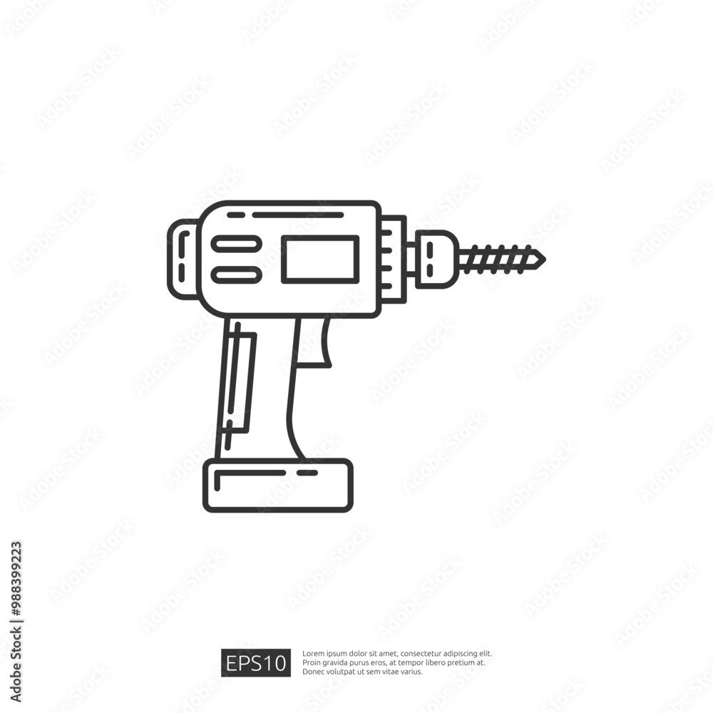 Black and white line art icon of an electric drill Black and white line art icon of an electric drill