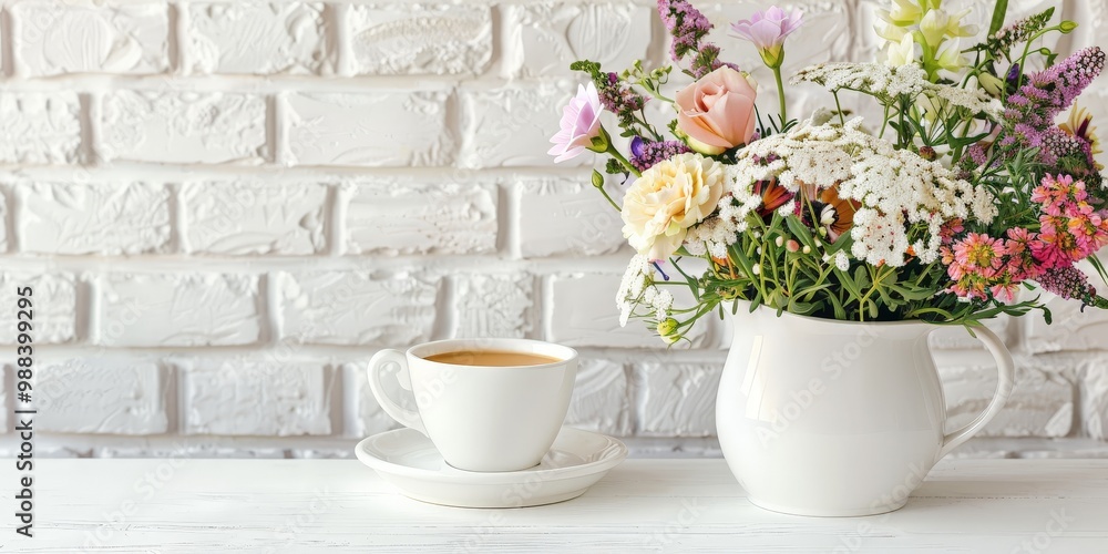 White Table with Flower Bouquet, Coffee Cup on White Brick Wall Background, Morning Greeting Card White Table with Flower Bouquet, Coffee Cup on White Brick Wall Background, Morning Greeting Card