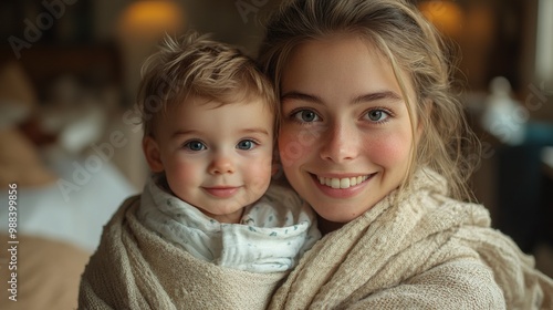 mother carrying small baby in wrap older son helping with celaning home ironing family doing household chores