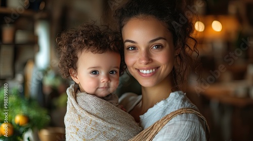 mother carrying small baby in wrap older son helping with ironing family doing household chores