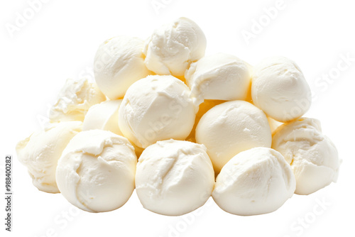 Fresh Buffalo mozzarella cheese balls isolated on white transparent background. Concept of fresh dairy products