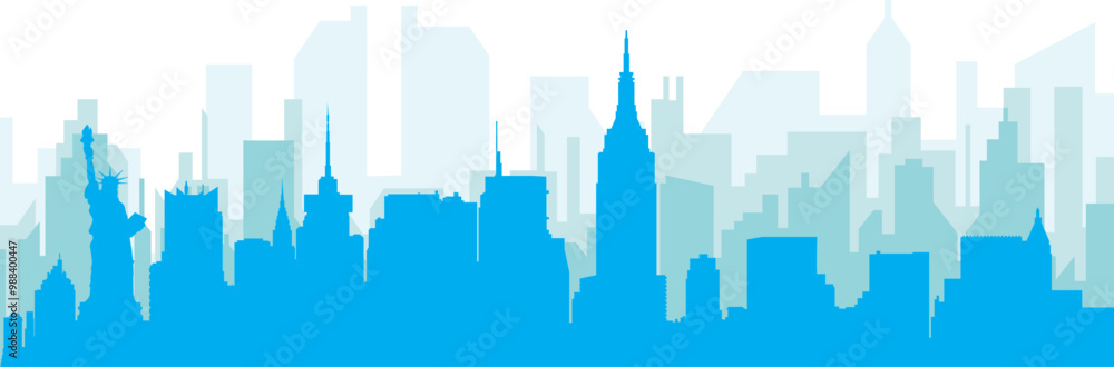 Blue panoramic city skyline poster with bluish misty transparent background buildings of NEW YORK, UNITED STATES Blue panoramic city skyline poster with bluish misty transparent background buildings of NEW YORK, UNITED STATES