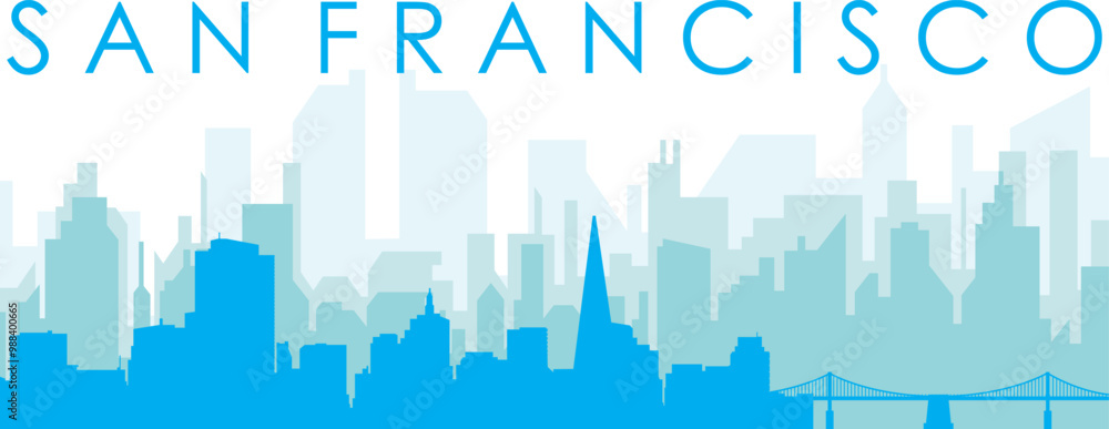 Blue panoramic city skyline poster with bluish misty transparent background buildings of SAN FRANCISCO, UNITED STATES Blue panoramic city skyline poster with bluish misty transparent background buildings of SAN FRANCISCO, UNITED STATES