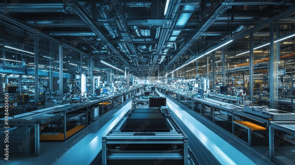 Futuristic Industrial Factory Floor with Advanced Automation Technology Futuristic Industrial Factory Floor with Advanced Automation Technology