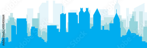 Blue panoramic city skyline poster with bluish misty transparent background buildings of ATLANTA, UNITED STATES