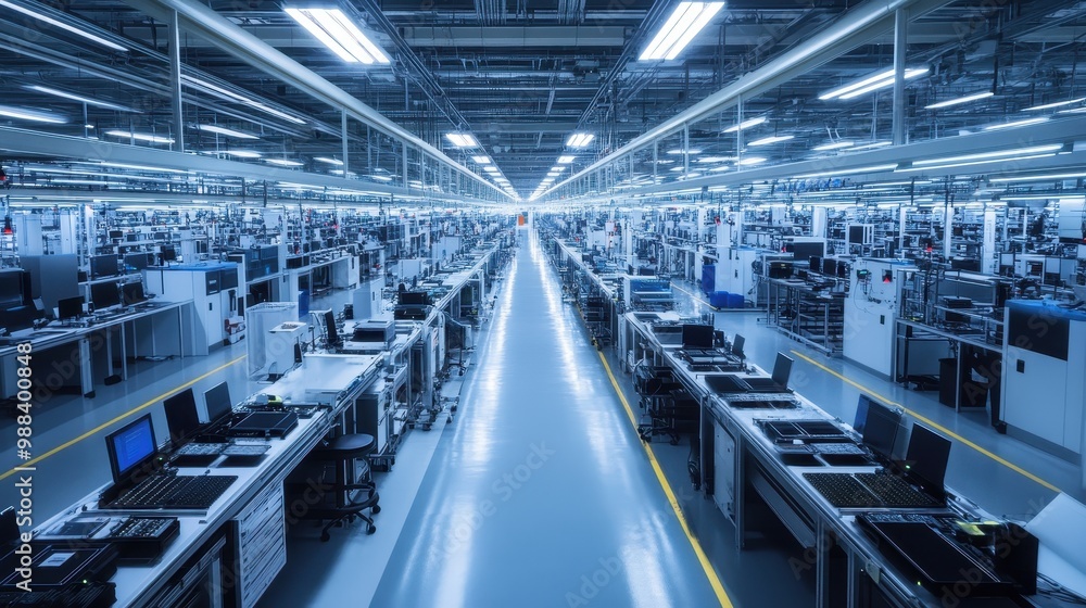 Fototapeta premium Vast Electronics Manufacturing Facility with Rows of Workstations and Bright Lighting