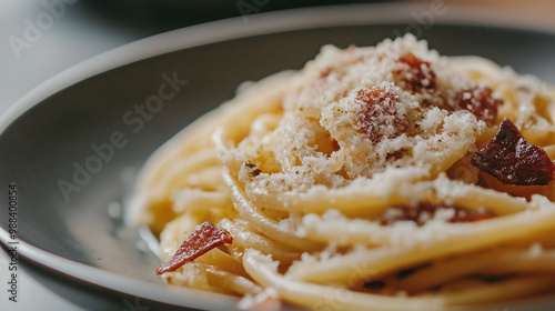 Italian pasta alla gricia in a plate with grate photo