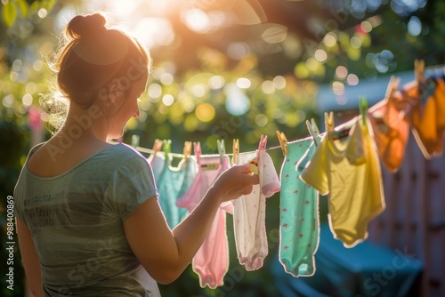 Woman hanging baby clothes with clothespins on washing line for drying in backyard, pregnant mother photo