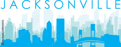 Blue panoramic city skyline poster with bluish misty transparent background buildings of JACKSONVILLE, UNITED STATES