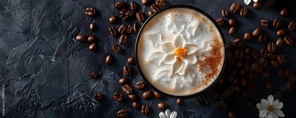 Aesthetic coffee art with floral design topped on latte, surrounded by coffee beans and flowers on a textured surface.