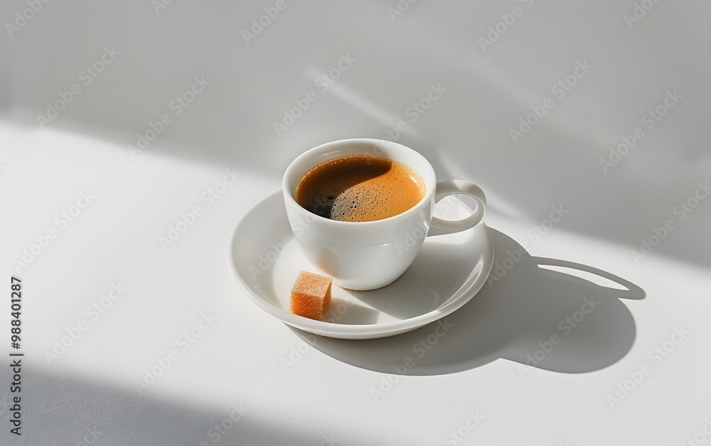 Aesthetic coffee cup on a white table, featuring black coffee and a piece of sugar. Minimal and elegant design. Aesthetic coffee cup on a white table, featuring black coffee and a piece of sugar. Minimal and elegant design.