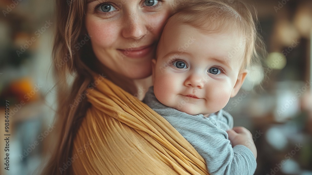 Obraz premium mother holding small baby while cleaning dishes carrying him around house in baby wrap household chores