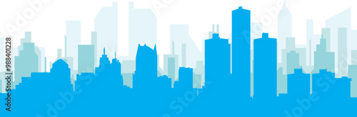 Blue panoramic city skyline poster with bluish misty transparent background buildings of DETROIT, UNITED STATES