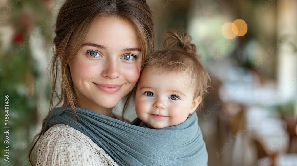 mother holding small baby while dusting therir home carrying him around in baby wrap household chores mother holding small baby while dusting therir home carrying him around in baby wrap household chores