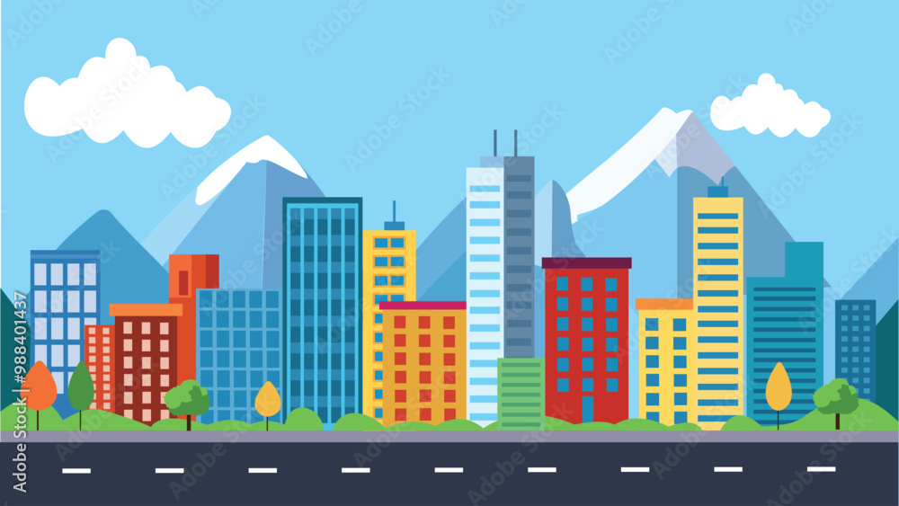 Street Highway in City Building Cityscape with Mountain Landscape