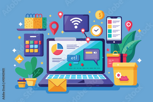 A cartoon laptop displays various ecommerce checkout options, animated icons, and accessories, creating a vibrant shopping environment.