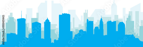 Blue panoramic city skyline poster with bluish misty transparent background buildings of COLUMBUS, UNITED STATES